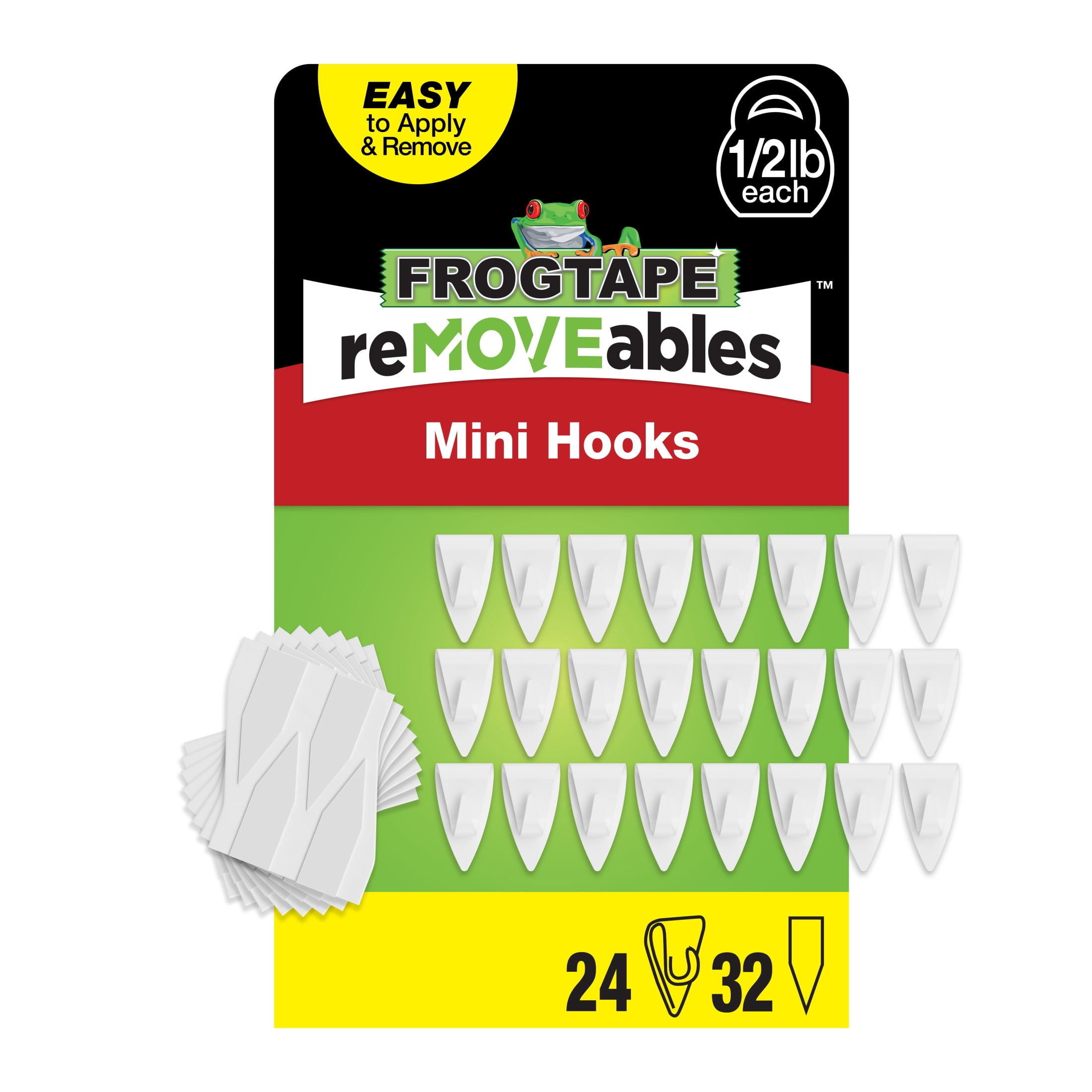 Moveable Hooks FrogTape reMOVEables Mini White Hooks, 24 Hooks and 32 Adhesive Strips ...