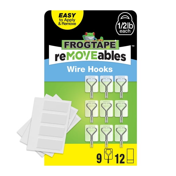 FrogTape reMOVEables Small Clear Wire Hooks, 9 Hooks and 12 Adhesive Strips