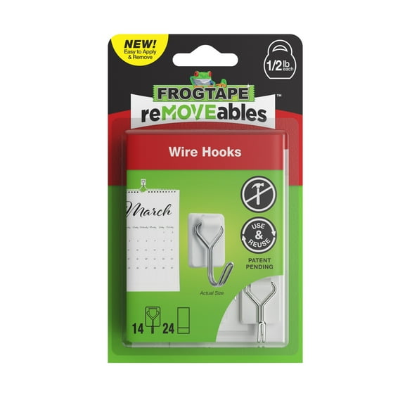 FrogTape reMOVEables Small White Wire Hooks, 14 Hooks and 24 Adhesive Strips