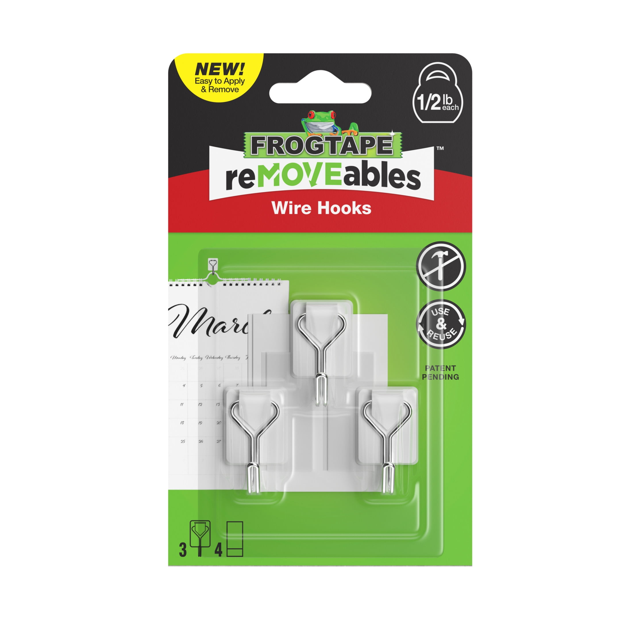 FrogTape reMOVEables Small White Wire Hooks, 3 Hooks and 4 Adhesive Strips