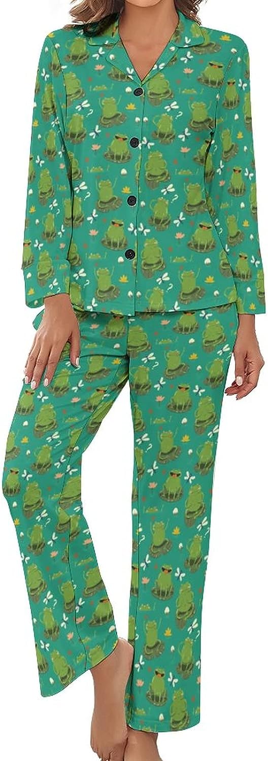 Frogs And Dragonflies Women's Pajamas Set Button Down Sleepwear PJ Set