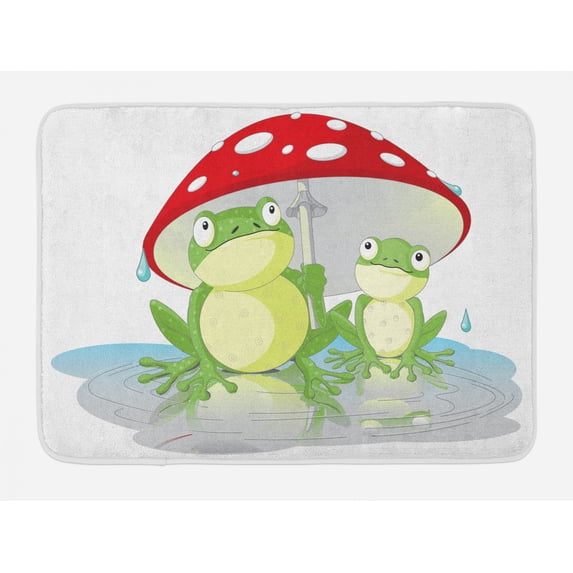 Frogs Bath Mat, Amphibian Animals Under Mushroom Umbrella in Rain Cartoon Illustration, Plush Bathroom Decor Mat with Non Slip Backing, 29.5" X 17.5", Multicolor, by Ambesonne
