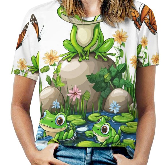 Frogs Butterflies Pond-1 Womens Tops Women's Fashion Casual Short Sleeve Flower Print Round Neck Pullover Top Blouse