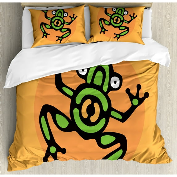 Frogs Duvet Cover Set, Aztec Inspired Amphibian Animal, Decorative 3 Piece Bedding Set with 2 Pillow Shams, Calking Size, Apricot Lime Green, by Ambesonne