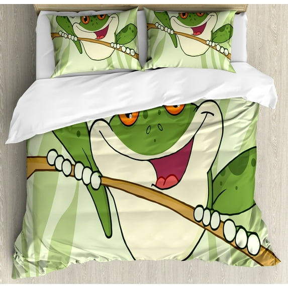 Frogs Duvet Cover Set, Happy Amphibian Animal in Cartoon Style on a Branch in Jungle, Decorative 3 Piece Bedding Set with 2 Pillow Shams, Calking Size, Pastel Green Multicolor, by Ambesonne