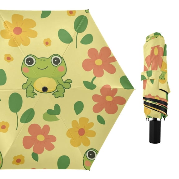 Frogs Florals Leaves All Weather Umbrella Triple Folding Parasol 6 Ribs UV Protection Portable