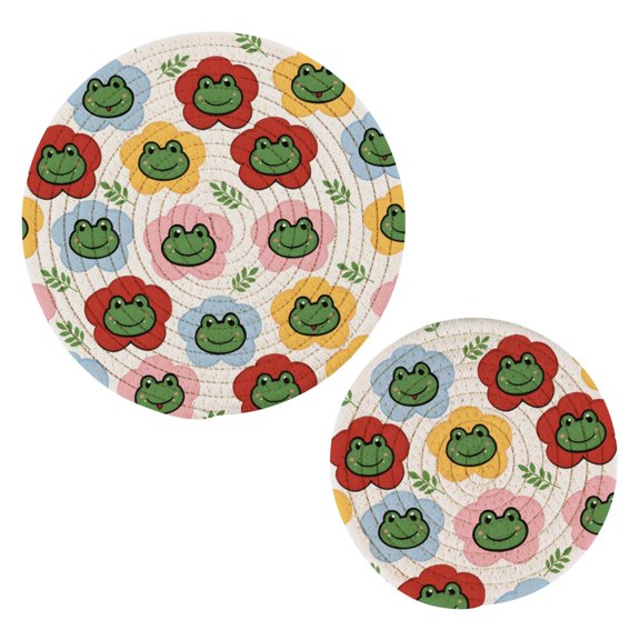 Frogs Flowers Grass Cotton Trivets Potholders Set of 2 Handmade Heat Resistant Non Slip Absorbent