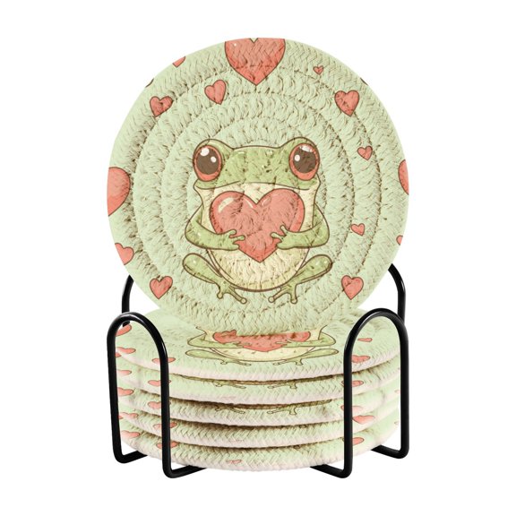 Frogs Hold Hearts Valentine's Day Drinking Coasters Cup Mat with Holder for Kitchen Cafe Bar 6 Packs