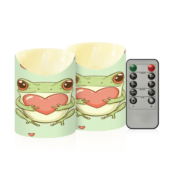 Frogs Hold Hearts Valentine's Day Flickering Flameless Candles with Remote Timer Battery Operated LED Tealight Set of 2 M