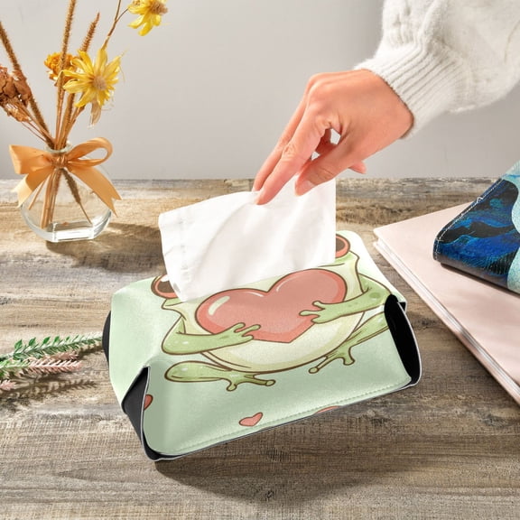 Frogs Hold Hearts Valentine's Day Leather Tissue Box Cover Rectangle Tissue Holder Foldable