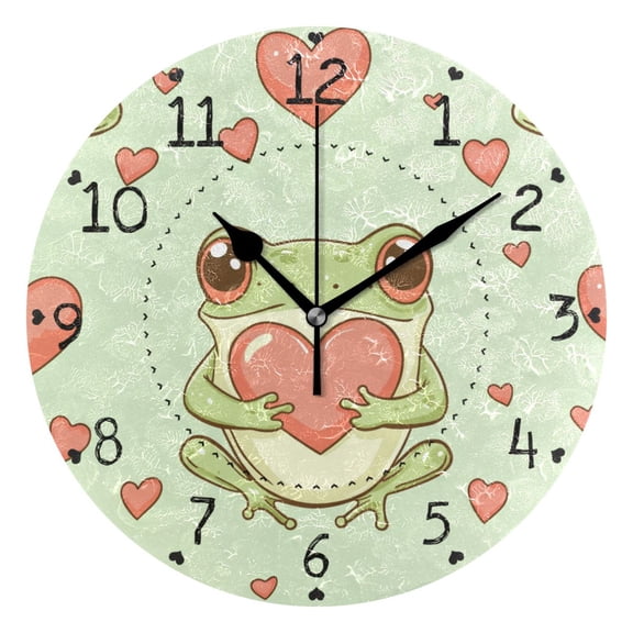 Frogs Hold Hearts Valentine's Day Round Wall Clock Silent Analog Battery Operated Black Pointer Home Decor 9.84" Diameter