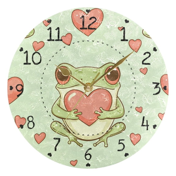 Frogs Hold Hearts Valentine's Day Round Wall Clock Silent Analog Battery Operated Gold Pointer Home Decor 9.84" Diameter