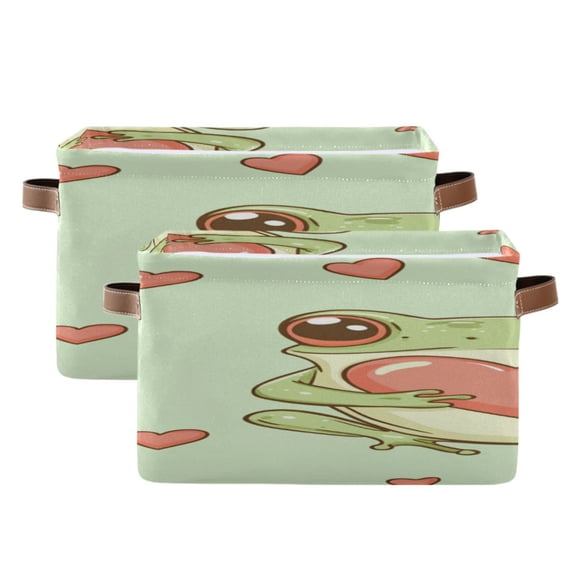 Frogs Hold Hearts Valentine's Day Square Storage Bins with Handles Collapsible Containing Box 2 Packs