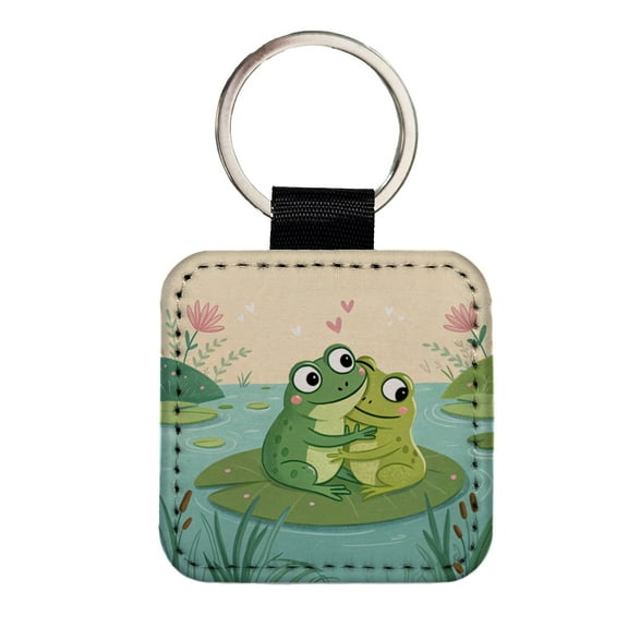 Frogs Hugging Love Faux Leather Square Keychain