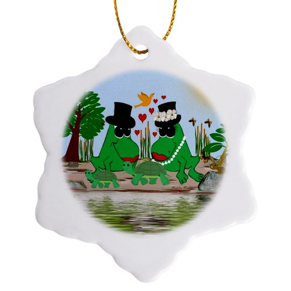 3drose, Frogs in Love, 3 inch Snowflake Porcelain Ornament