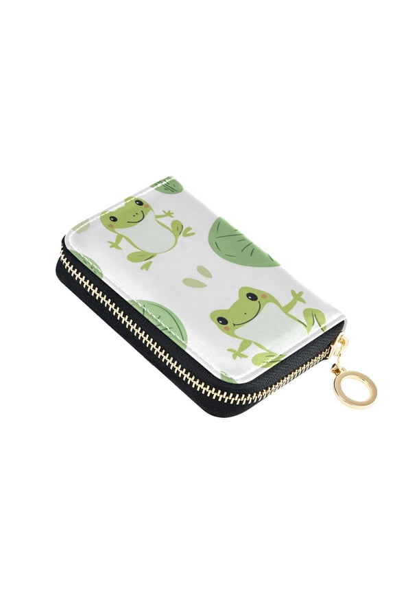 Frogs Leaves Green Hearts Women's Credit Card Holder PU Leather Zipper Wallet RFID Blocking