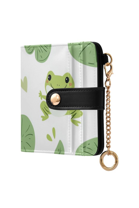 Frogs Leaves Green Hearts Women's Wallet PU Leather Card Cases RFID Blocking Purse Billfold with Key Ring
