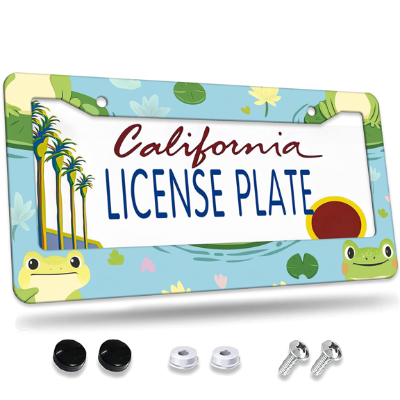 Frogs on Lily Pads Designs Aluminum License Plate Frame, License Plate Cover for Car Decorative Parts, Rust-Proof Weather-Proof Suitable for All Vehicles 12 "X 6"