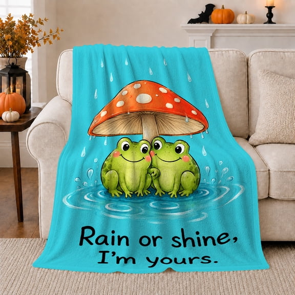 Frogs under Mushroom in Rain, Playful Whimsical Style for Frog Lovers, Rain or Shine Quote and Valentine's Day Gift, Soft Flannel Blanket for Playroom and Bedroom, Home Decor