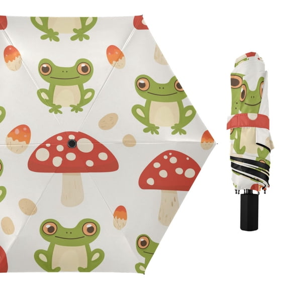 Frogs Mushrooms Cartoon Cute All Weather Umbrella Triple Folding Parasol 6 Ribs UV Protection Portable