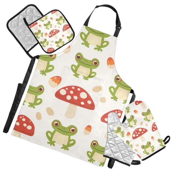 Frogs Mushrooms Cartoon Cute Apron Set with Oven Mitts Pot Holders Set of 5 Kitchen Stuff Accessories