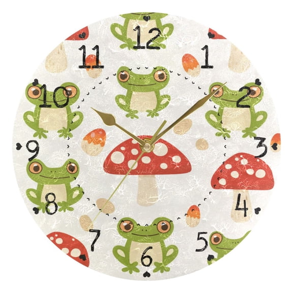 Frogs Mushrooms Cartoon Cute Round Wall Clock Silent Analog Battery Operated Gold Pointer Home Decor 9.84" Diameter