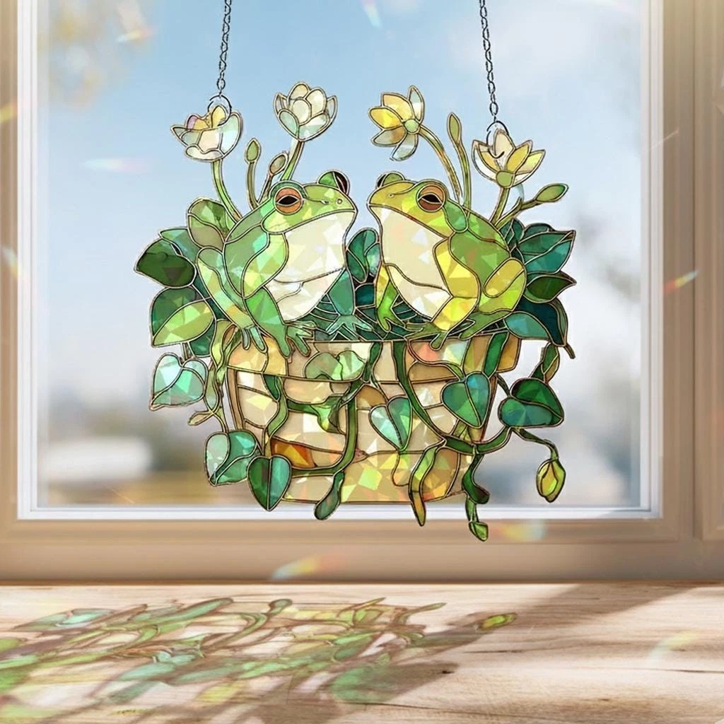 Frogs Playing Together Acrylic Suncatcher Hologram Personalized Window Hang