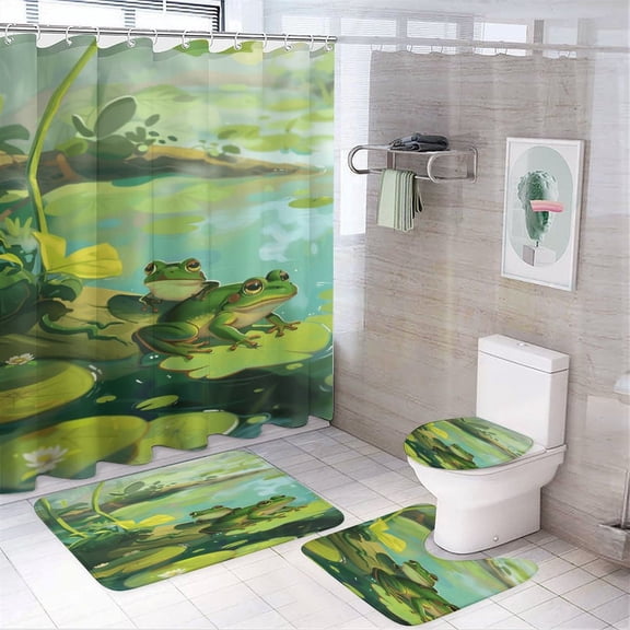 Frogs Playing in The Pond 4 Piece Shower Curtain Sets, Non-Slip Rugs, Toilet Lid Cover And Bath Mat, for Bathroom Decor Set, 72" X 72"
