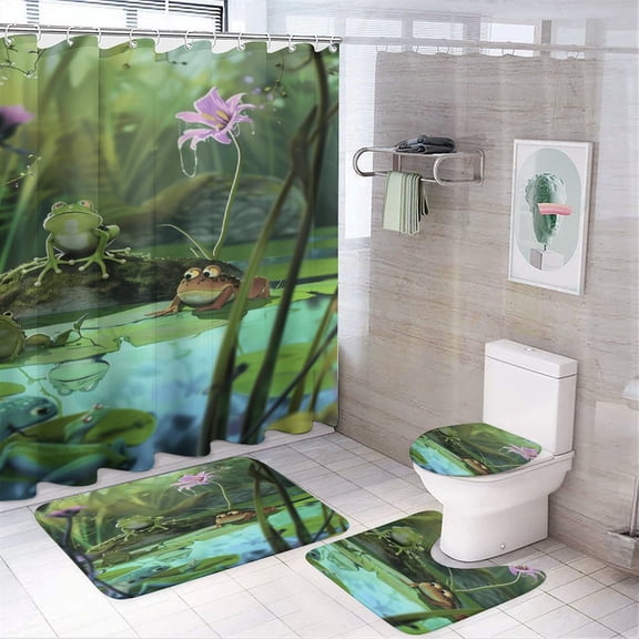 Frogs Playing in The Pond 4PCS Shower Curtain Sets with Rugs with Non-Slip Bath Mat Toilet Rug，72" X 72"