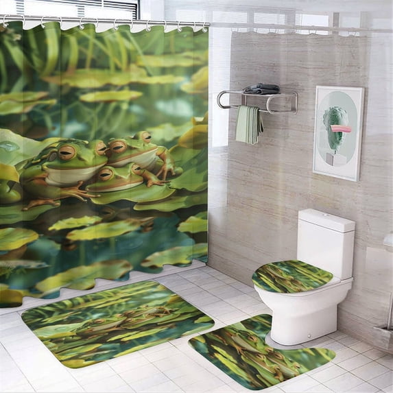 Frogs Playing in The Pond 4Pcs Shower Curtain Set Shower Curtain Set with Carpet Bath Mat