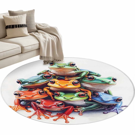 Frogs Prints Round Rug 3ft Area Rug Washable Soft Non-Slip 3' Circle Low Pile Rugs Modern Colorful Animals Carpet for Bedroom Living Room Entryway Home Office Dining Room