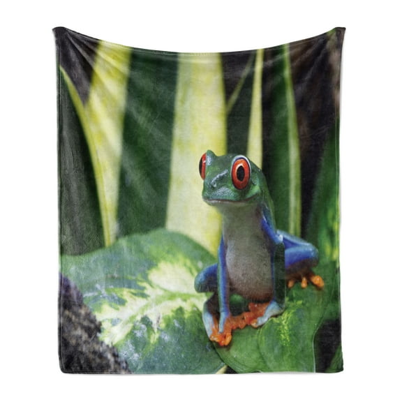 Frogs Soft Flannel Fleece Blanket, Wild Nature Photo of Vivid Colored Animal on Leaf Exotic Jungle on Blurred Backdrop, Cozy Plush for Indoor and Outdoor Use, 70" x 90", Multicolor, by Ambesonne
