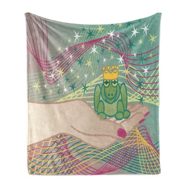 Frogs Soft Flannel Fleece Throw Blanket, Amphibian Animal Prince on Girls Hand Swirling Lines and Stars Fairytale Themed, Cozy Plush for Indoor and Outdoor Use, 60" x 80", Multicolor, by Ambesonne