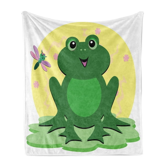 Frogs Soft Flannel Fleece Throw Blanket, Childish Concept Amphibian Animal and Dragonfly, Cozy Plush for Indoor and Outdoor Use, 60" x 80", Green Yellow, by Ambesonne