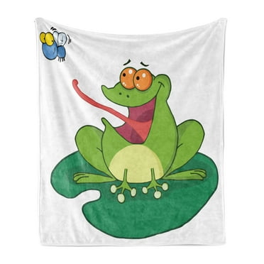 Frogs Soft Flannel Fleece Throw Blanket, Funny Cartoon Animal Character on a Leaf Catches Bug Amphibian Species, Cozy Plush for Indoor and Outdoor Use, 70" x 90", Lime Green Multicolor, by Ambesonne