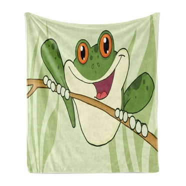 Frogs Soft Flannel Fleece Throw Blanket, Happy Amphibian Animal in Nursery Cartoon Style on a Branch in Jungle, Cozy Plush for Indoor and Outdoor Use, 50" x 70", Pastel Green Multicolor, by Ambesonne