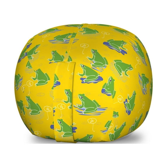 Frogs Storage Toy Bag Chair, Continuous Natural Environment Pond Animal and Flowers Illustration, Stuffed Animal Organizer Washable Bag, Large Size, Earth Yellow and Multicolor, by Ambesonne