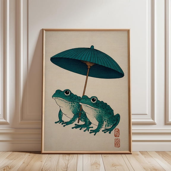 Frogs Under Umbrella Japanese Vintage Style Animal Nature Art Print Unframed Paper Print