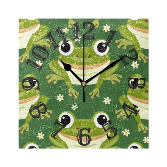 Frogs and Flowers Wall Clock Square Silent Non Ticking Battery Operated Clock for Home Bathroom Kitchen Bedroom Living Room