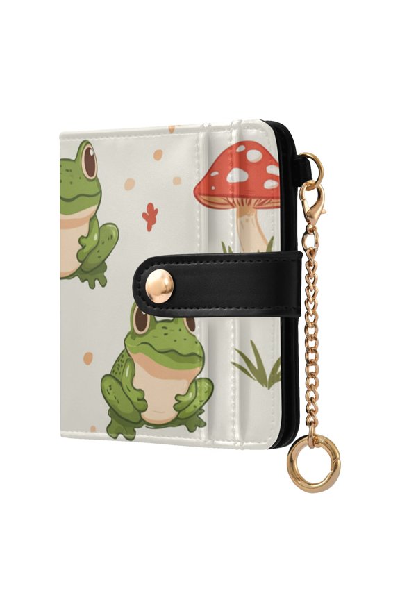 Frogs and Leaves Mushrooms Cartoon Women's Wallet PU Leather Card Cases RFID Blocking Purse Billfold with Key Ring