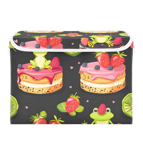Frogs on Cakes Strawberries Kiwi Foldable Storage Bin with Lid and Handle Collapsible Storage Box 16.5 x 12.6 x 11.8 inches