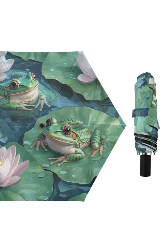 Frogs on Leaves in Pond Flowers All Weather Umbrella Triple Folding Parasol 6 Ribs UV Protection Portable