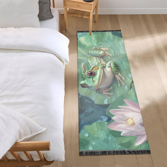 Frogs on Leaves in Pond Flowers Bedside Runner Rug 2'x 6' Non Slip Carpet Floor Mat Area Rug