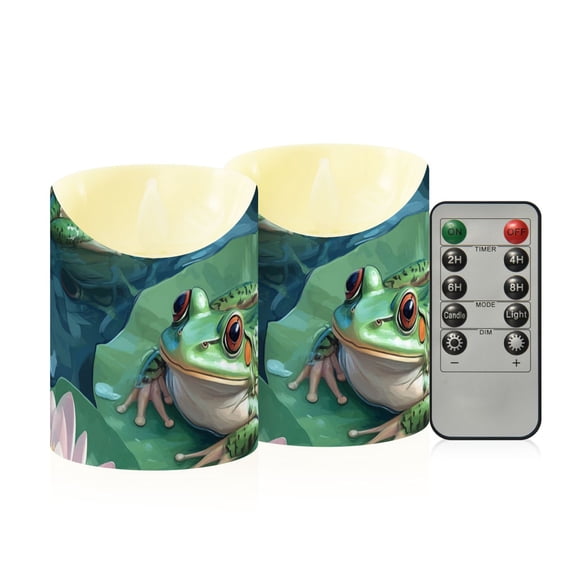 Frogs on Leaves in Pond Flowers Flickering Flameless Candles with Remote Timer Battery Operated LED Tealight Set of 2 S