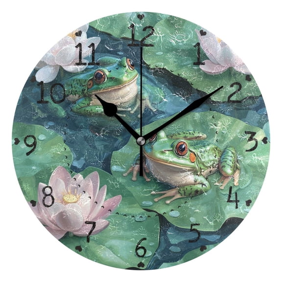 Frogs on Leaves in Pond Flowers Round Wall Clock Silent Analog Battery Operated Black Pointer Home Decor 9.84" Diameter