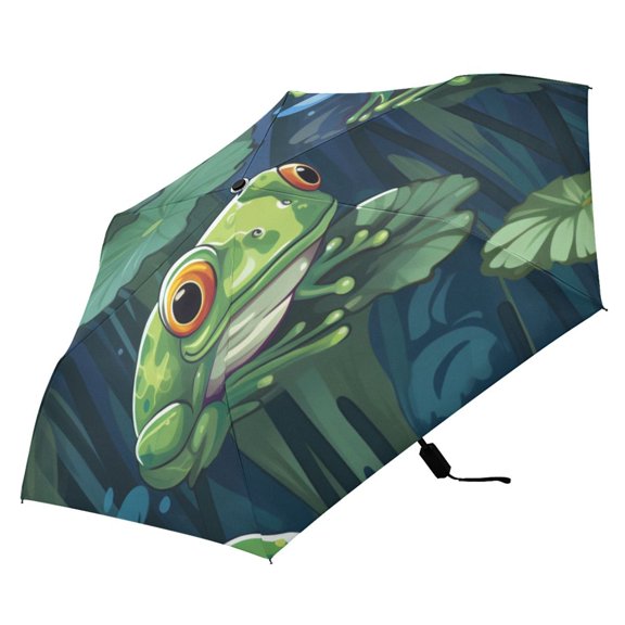 Frogs on Lotus Leaf Compact Folding Umbrella for Rain Windproof Travel Umbrella UPF 50+ Lightweight Packable Arc Size