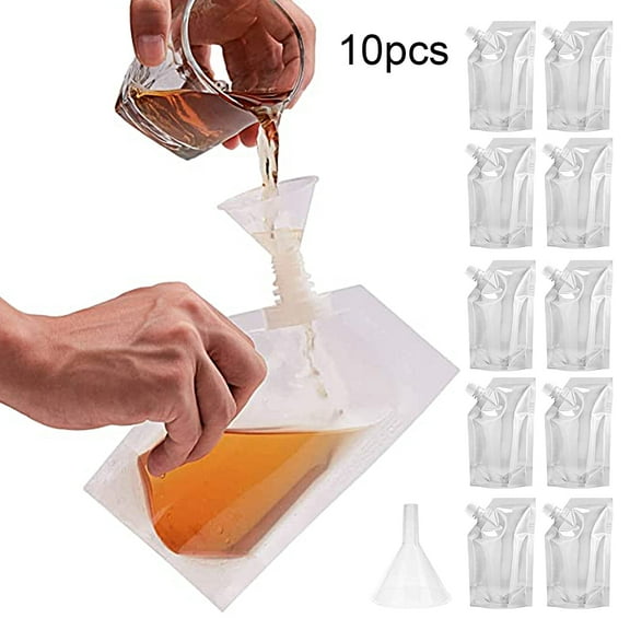 Frogued 1 Set 350ML/500ML/200ML/100ML/1000ML Liquor Pouch Food Grade Transparent PET Sneak Alcohol Flask Hide Drinking Bag with Funnel Kitchen Tools (A,1000ML)
