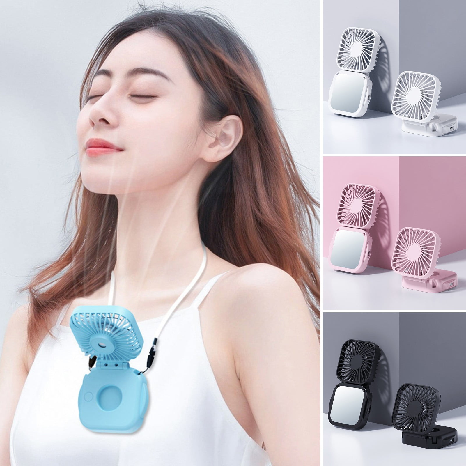 Frogued 1 Set Cooling Fan with Mirror Foldable 3 Gears Longlasting Air