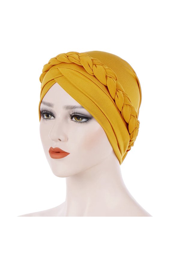 1pc Turban Cap Solid Color Milk Silk Braided Twist Headwrap Beanie Headwrap for Women (Turmeric)
