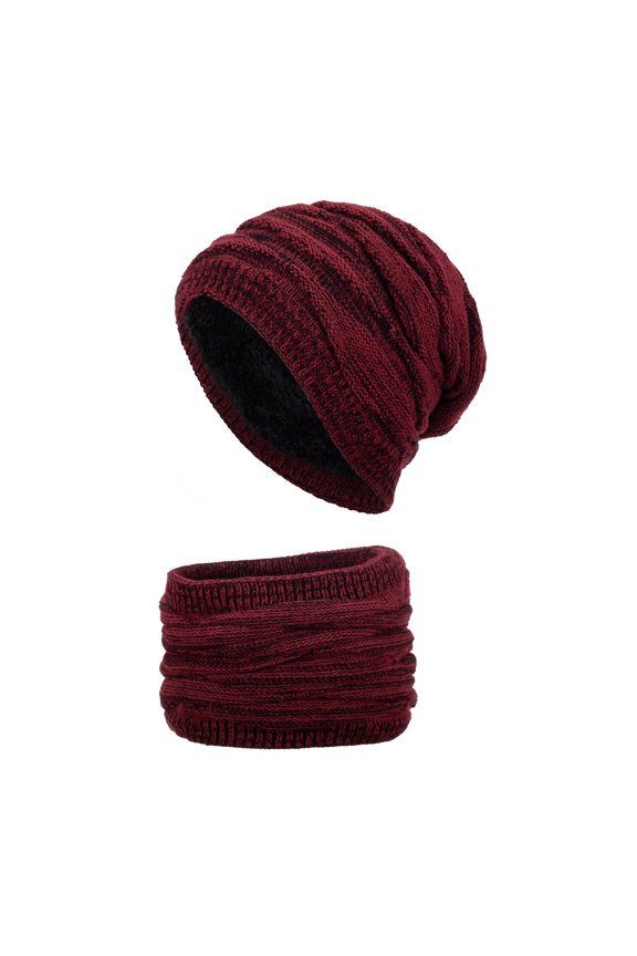 2Pcs/Set Knitted Hat Neck Warmer Slouchy Stretchy Thickened Plush Lining Soft Keep Warm Solid Color Winter Thermal Men Women Knit Beanie Scarf Kit for Outdoor Wine Red